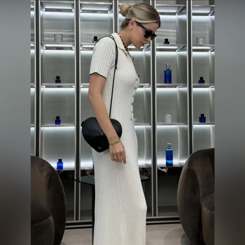 White Ribbed Maxi Dress with Buttons - Picture 6 of 16